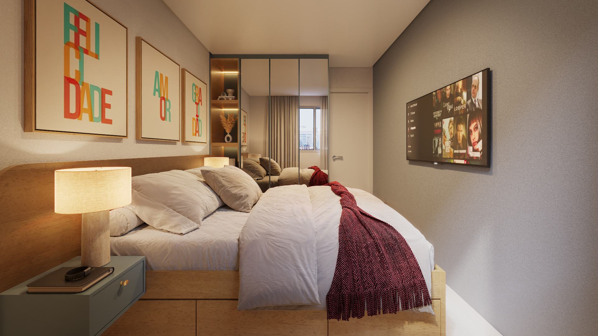 Vista 360° de quarto de casal decorado em 3D