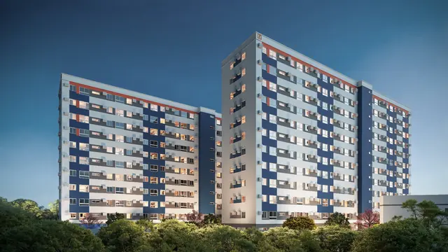 Perspectiva 3D de duas torres residenciais com vegetação em primeiro plano